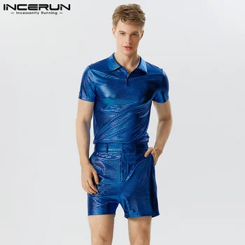 INCERUN 2023 האמריקאי סגנון Mens סטים קצרים חולצות עם שרוול קצרים אופנה מזדמן נאה זכר פלאש בד 