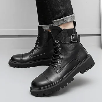 2023 נעליים חדשות עבור גברים אבזם חגורה של הגברים מגפי אופנה הצד זיפ קרוס-קשור עור נעליים מזדמנים חם מכירת ראש עגול אמצע שוק - התמונה 2  