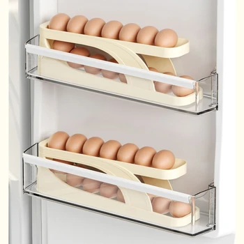 שקופית סוג ביצה מתלה בעל תיבת אחסון מכולה ביצה מדף ארגונית גלגל למטה מקרר במטבח לחיסכון במקום ביצה מנפק - התמונה 2  