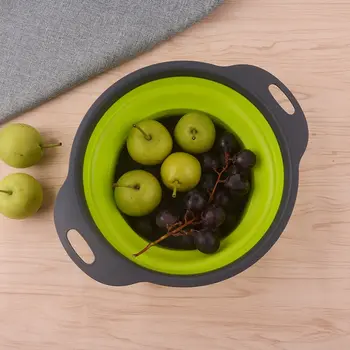 יצירתי ירוק סיליקון עגול מתקפל ירקות פירות כביסה ניקוז סל מסננת מסננת מתקפלת מייבש כלי מטבח - התמונה 2  