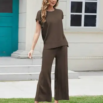 קיץ אפוד מכנסיים סט מסוגנן נשים קיץ להגדיר ללא שרוולים צוואר עגול למעלה עם רגליים רחבים מכנסי סדיר שולי צבע מוצק אלסטי - התמונה 2  