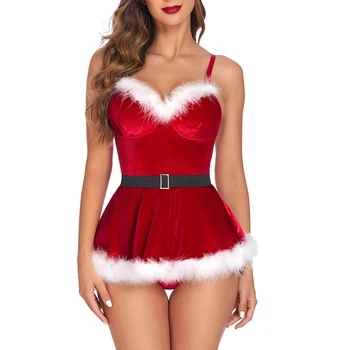 נשים חג המולד סקסי שמלת קטיפה עם תקצירים חגורה תחתונה Nightwear חג המולד מסיבת שנה החדשה סנטה קלאוס תחפושות קוספליי Clubwear - התמונה 2  