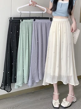 אופנתי חרוזים ארוך חצאית לנשים 2023 אביב קיץ קוריאנית אלגנטי מוצק קו גבוה מותן חצאית מידי הנשי ליידי - התמונה 2  