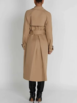 נשים מזדמן מעיל גשם זוגי עם חזה שרוול ארוך מעיל רוח מעיל עם חגורה אופנת רחוב הלבשה עליונה - התמונה 2  