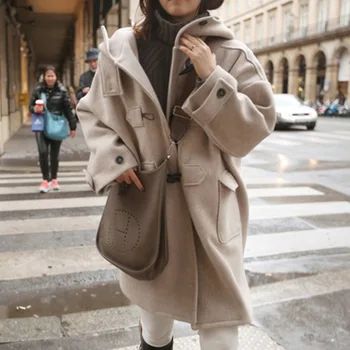 נשים מעילי צמר מזדמן אלגנטי אמצע אורך המעיל קרן כפתור אחת עם חזה קפוצ ' ונים תערובות משולבים מעילי סתיו, חורף - התמונה 2  