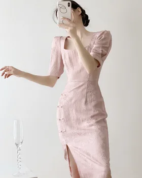 איכות גבוהה ורוד נשים Cheongsam שרוול קצר סלים בציר שמלה נשית מתוק החתונה תחפושת סינית חדשה סגנון שמלות - התמונה 2  