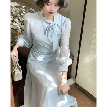 אלגנטי הפבורן נשים שמלות 2023 האביב קוריאני FashionVintage מודפס עניבת הפרפר שרוול ארוך Vestidos עיצוב שמלת הנשף להאריך ימים יותר - התמונה 2  