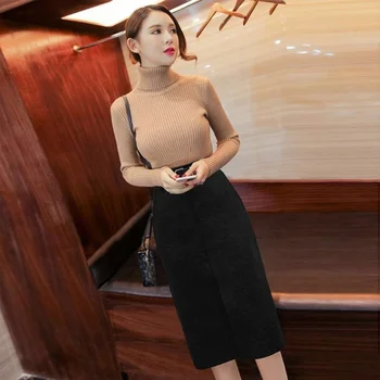 אלגנטי חורף חם חצאית לנשים יוקרה 2023 אופנה קוריאנית עבה צמר שחור המשרד מידי חצאיות Jupes Faldas עם חגורה Saia - התמונה 2  