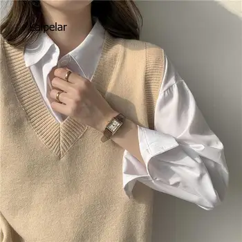 נשים סוודר סתיו V-צוואר לסרוג סוודר מוצק פשוט רזה כל-התאמה מקרית קוריאני וחולצת וינטג ' אפוד 2021 חדש - התמונה 2  