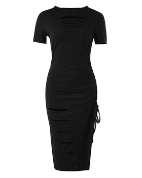 שמלות סקסיות לנשים 2023 קיץ, שרוול קצר O-צוואר מזדמן הסולם נתק שרוך Ruched חרך רזה שמלה שחור - התמונה 2  