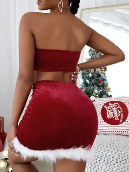 נשים חג המולד חצאית תלבושות ניגודיות צבע יבול גופיות + Bodycon מיני חצאית תחתונה - התמונה 2  