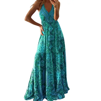 אלגנטי גופיות ספגטי רצועה סקסית שמלת מקסי החלוק 2023 הנשים צוואר V מפלגת שמלות וינטג מודפס בוהו חוף שמלות ארוכות - התמונה 2  