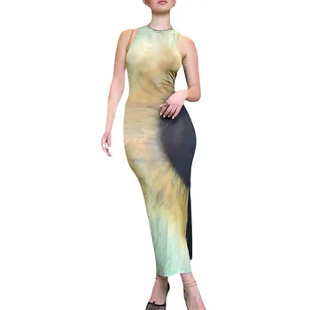 2022 אופנה נשים שמלת Bodycon שחור ירוק צבועה הדפסה צוואר עגול וחולצת קרסול-אורך החצאית - התמונה 2  