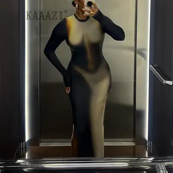 KAAAZI שרוול ארוך O-צוואר Slim Fit פיצול מקסי אופנה שמלה חדשה מסיבת הסיום נשים Bodycon צבעים מגוונים שמלה ארוכה Vestido - התמונה 2  