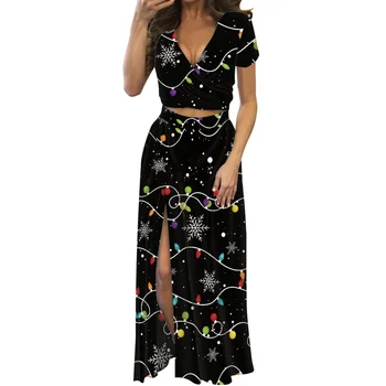 V-צוואר סקסי פולינזיה קעקוע להדפיס שני חלקים מפוצלים שמלה שרוול קצר בגדי נשים קיץ נשים עם מחשוף שמלת מקסי - התמונה 2  