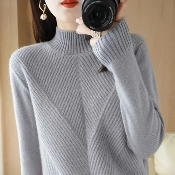 סתיו החורף קוריאני אופנה של נשים חצי צווארון הסוודר נשי סוודר עבה סרוג שרוול ארוך לנשים רופף חם מגשר - התמונה 2  