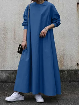 חדש 2023 אביב מזדמנים נשים שמלת סוודר שרוול ארוך עגול אופנה קוריאנית הצוואר התנופה הגדולה שמלה ארוכה רופף בציר החלוק - התמונה 2  