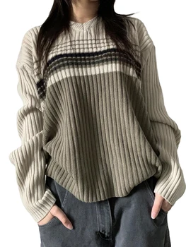 Txlixc נשים סוודרים סרוגים פס סקופ צוואר ארוך שרוול סוודר סתיו חורף סלים מקסימום נקבה בגדים - התמונה 2  