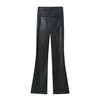 UNIZERA2023 החורף החדשה של נשים מזדמנים אופנה ישר מתאים מכנסי עור אופנה שחור PU דמוי עור קרן המכנסיים - התמונה 2  