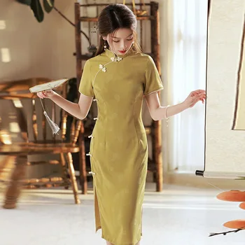 שיפור הכפתור הירוק Cheongsam הסינית בסגנון וינטאג', שמלת נשים תחפושות גבוהה פיצול צ ' יפאו - התמונה 2  