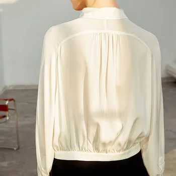 Birdtree 100%משי אמיתי של נשים אלגנטי אופנה חולצה דש רופף לבן שרוול ארוך OL נוסעים חולצות סתיו אביב חדש T3D632QM - התמונה 2  