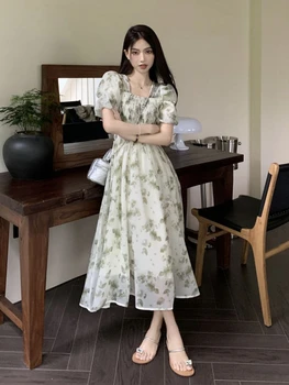 שמלת נשים Y2k הדפסה זמן עיצוב בסגנון קוריאני טוניקה הגברת המסיבה ללבוש מזדמנים אסתטי Vestidos פאף שרוול אופנתי שמלת קיץ קיץ - התמונה 2  
