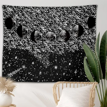 ירח שחור מנדלה שטיח בוהמי קישוט תלייה על קיר חדר השינה פסיכדלי זירת כוכבים אמנות קישוט הבית - התמונה 2  