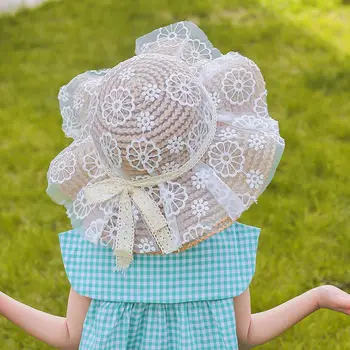 קיץ לילדים כובע שמשיה תחרה Bowknot קש ארוג כובע ילדה קרם הגנה חוף כובע נסיכה גדולה כותרת שוליים דלי כובעים - התמונה 2  