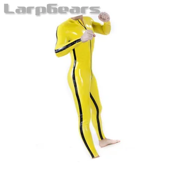 גברים צהוב עם שחור רצועת גומי Catsuit פטיש גומי בגד גוף עם חזית Crtoch רוכסן - התמונה 2  