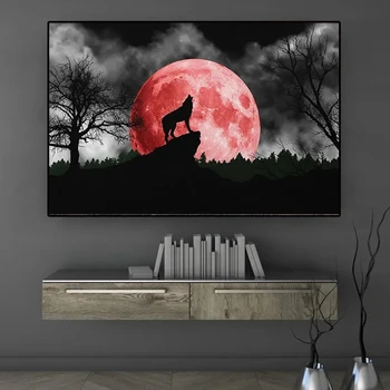 שחור לבן אמנות 
יללות זאב ירח אדום מופשט פוסטר טביעות בעלי חיים בד הציור נורדי הקיר תמונה בסלון עיצוב - התמונה 2  