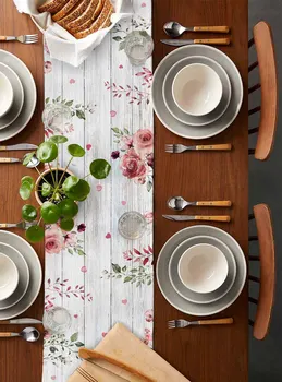 יום האהבה צמח פרח גמד עץ מלא, שולחן רץ לחגוג שולחן האוכל בד כיסוי מפית מפית בית עיצוב מטבח - התמונה 2  