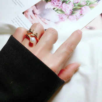 טבעי מים מתוקים פרל הטבעת עבור נשים קוריאני זרקונים טבעת עלה זית פתיחת טבעת חתונת יום הולדת תכשיטים מתנות - התמונה 2  