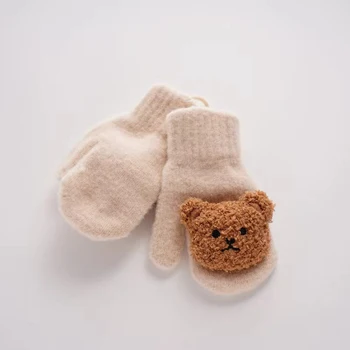 1 זוג חמוד לילדים כפפות חורף דוב בנים בנות קטיפה מעובה חם האצבע-תלה צוואר התינוק כפפות הצוואר תלוי כפפות - התמונה 2  