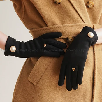 אופנה חדשה פנינים מלאכותיות גרייס הגברת, כפפת חורף נשים כפפות אלגנטי מסך מגע חם Windproof רכיבה כפפות כפפות - התמונה 2  