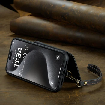 עסקים flip עור הארנק רוכסן מקרה טלפון עבור iPhone 11 12 13 14 15 Pro מקס פלוס X XR XS XSMax מגן מקרה עם שרוך - התמונה 2  