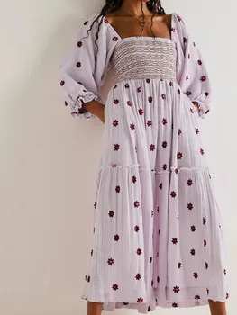 2023 הסתיו פרחים חדשים הדפסה Midi שמלות נשים אלגנטי האופנה צווארון כותנה שמלה נשית משובחת מזדמן קו החלוק - התמונה 2  