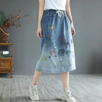 נשים חצאיות הקיץ דק 'ינס חצאית 2021 חדש שטף וינטג' רקומה בתוספת גודל מתאים רופף חצאית אופנתית - התמונה 2  