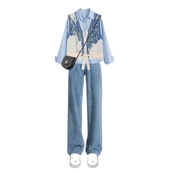 אביב סתיו חליפות 2023 חדש בסגנון קוריאני ללבוש חוש עיצוב אפוד קרם הגנה, חולצה סלים ג ' ינס שלוש ערכות קטע נשים תלבושות - התמונה 2  