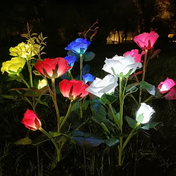 צבעוני 3 ראשי פרחים LED סולארית סימולציה רוז אורות עמיד למים חיצוני גן מנורות דשא קישוט בית 039 - התמונה 2  