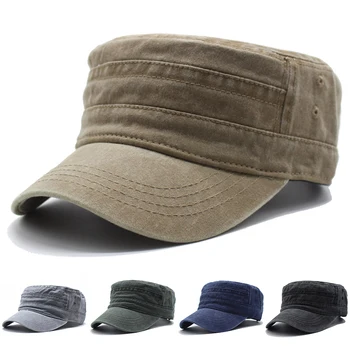 קלאסי בציר כותנה שטף צבאי כובעי העליון השטוח Mens מצויד עבה יותר, מוצק כובע חורף חם כובע מתכוונן ג ' ינס שטוח כובעים - התמונה 2  