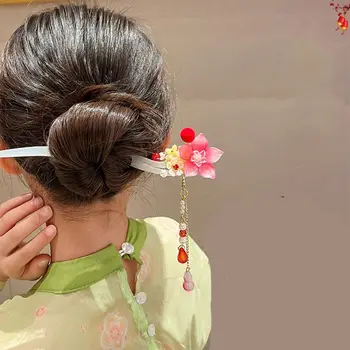 סיני Hanfu הכובעים פרח ציצית שיער מקל אדום ורצוף מעולה פרח סיכה לשיער בחורה הסגנון העתיק ראש - התמונה 2  