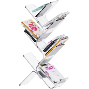העידו 3-tier יצירתי עץ שולחן העבודה מדפים מודרני נקי אקרילי מדף ספרים קיר כוננית ספרים אחסון מגזין מדף תצוגה - התמונה 2  