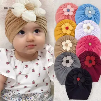 רך מכסה כובע מוצק טורבן כובע עם פרח גדול ביני כובע Headwrap על 0-2 שנים תינוק תינוק תינוק בן יומו Headwraps Q81A - התמונה 2  