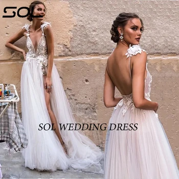 סול אפליקציות תחרה רצועות ספגטי שמלת חתונה צוואר V פיצול הכלה שמלה סקסית קו שמלת כלה עבור מסיבת חתונה שמלות - התמונה 2  