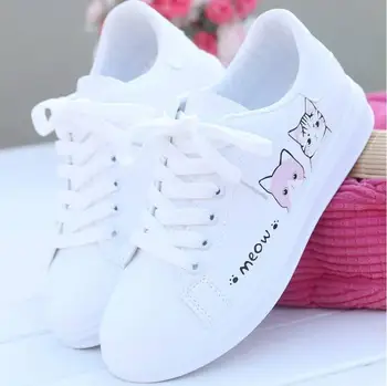2023 נשים נעלי אופנה Breathble גופר, נעליים חמוד חתול מצויר תחרה מקרית הלבן נשים נעלי נשי - התמונה 2  
